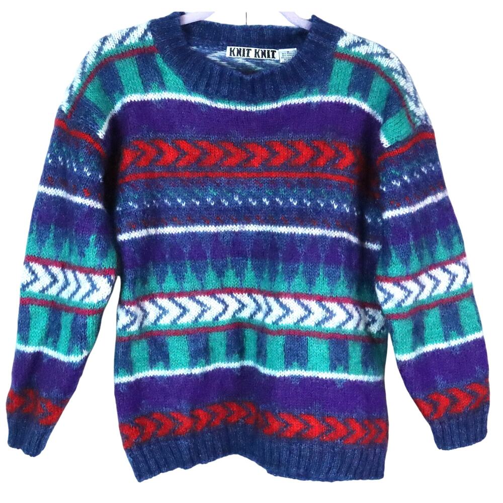 Vintage 90s Y2K Mohair Blend Geometric Multicolor Sweater Women Medium Boho